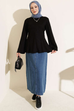 Alternative view of Striped Cross-Over Knit Tunic with Drawstring Black