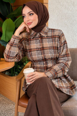 Checkered Pattern French Terry Shirt Beige