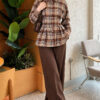 Checkered Pattern French Terry Shirt Beige – Image 2