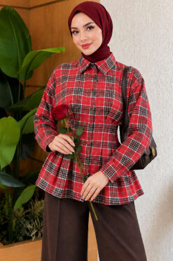 Checkered Pattern French Terry Shirt Red
