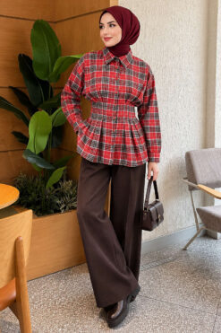 Alternative view of Checkered Pattern French Terry Shirt Red