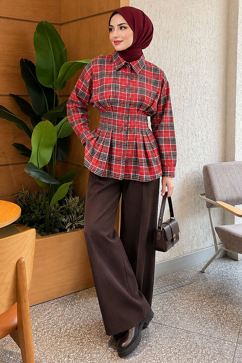 Checkered Pattern French Terry Shirt Red - immagine 2