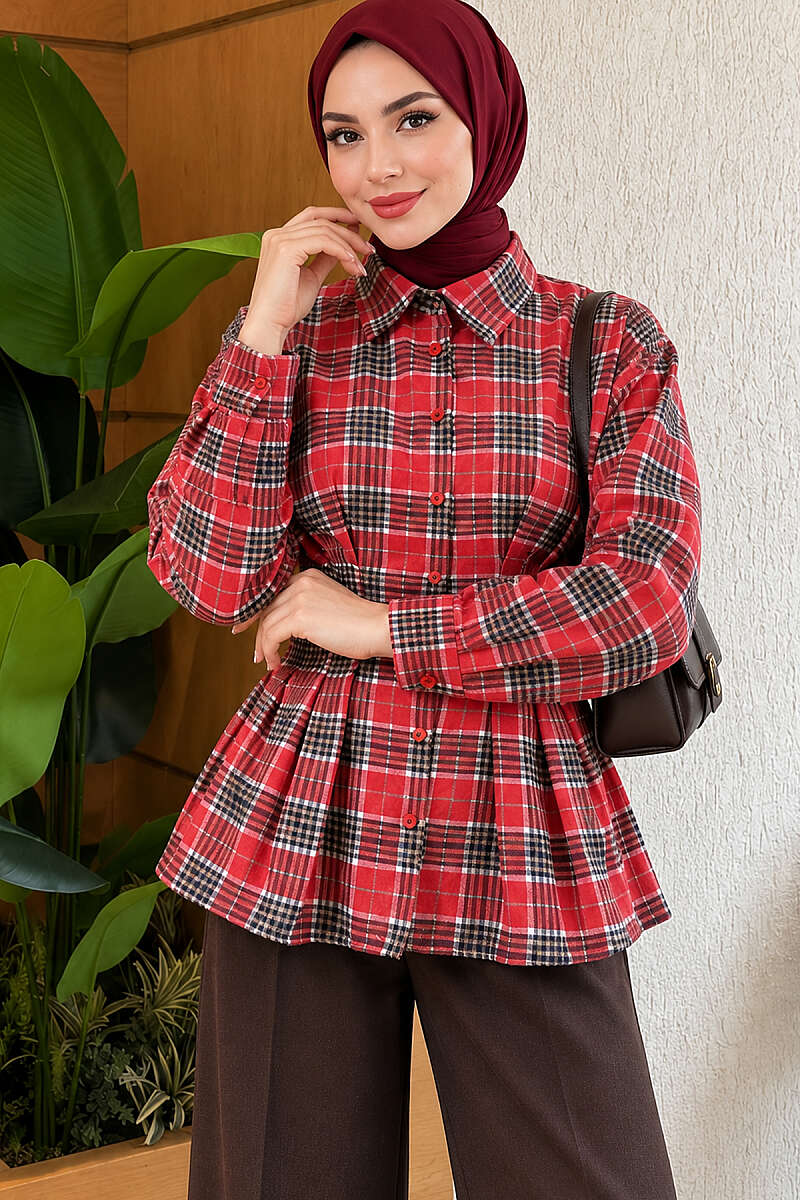 Checkered Pattern French Terry Shirt Red - immagine 3