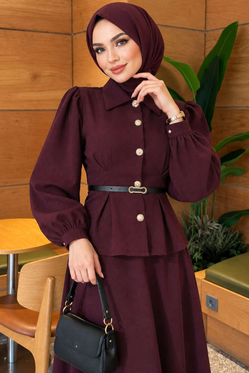Pencil Belted Skirt Set Plum – Image 2