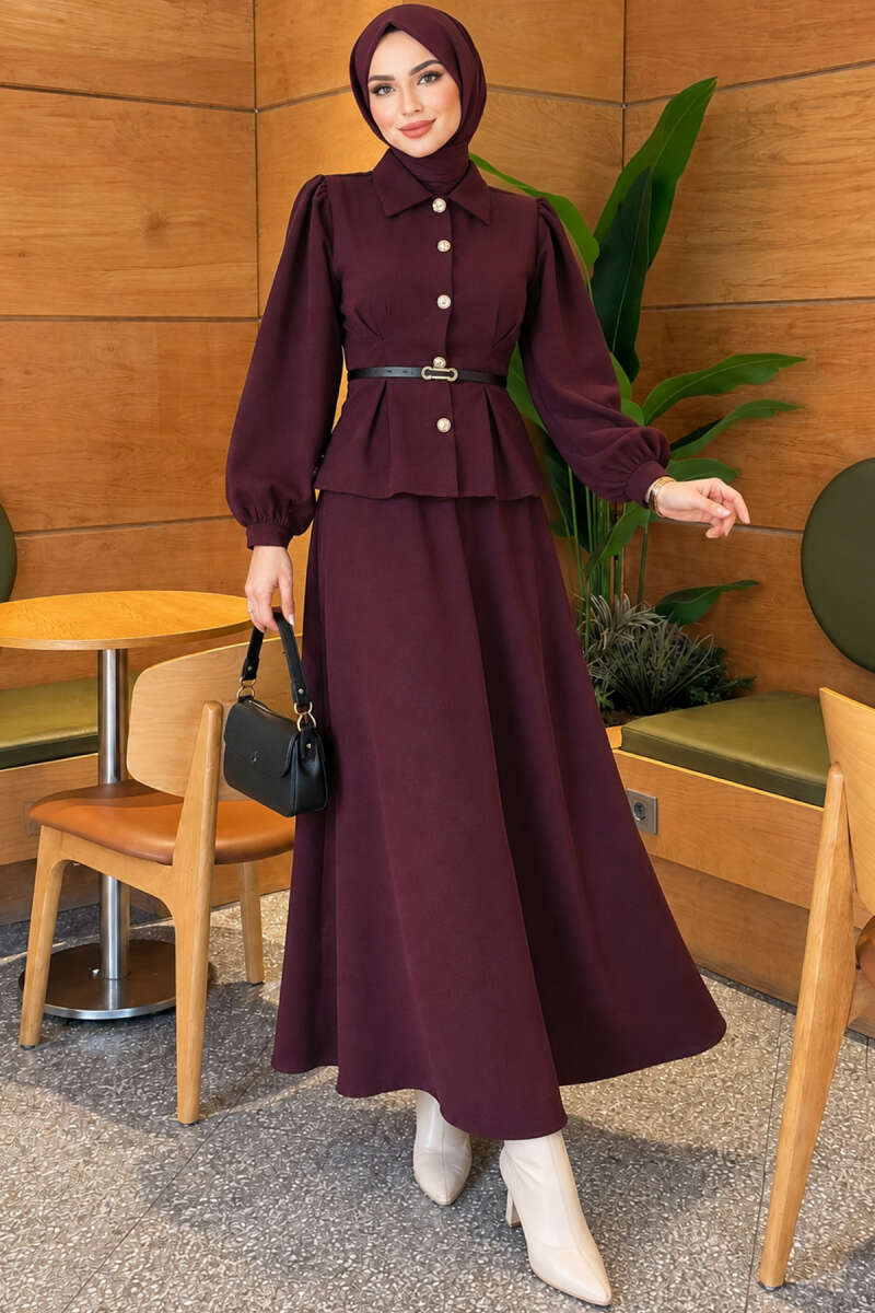 Pencil Belted Skirt Set Plum – Image 3