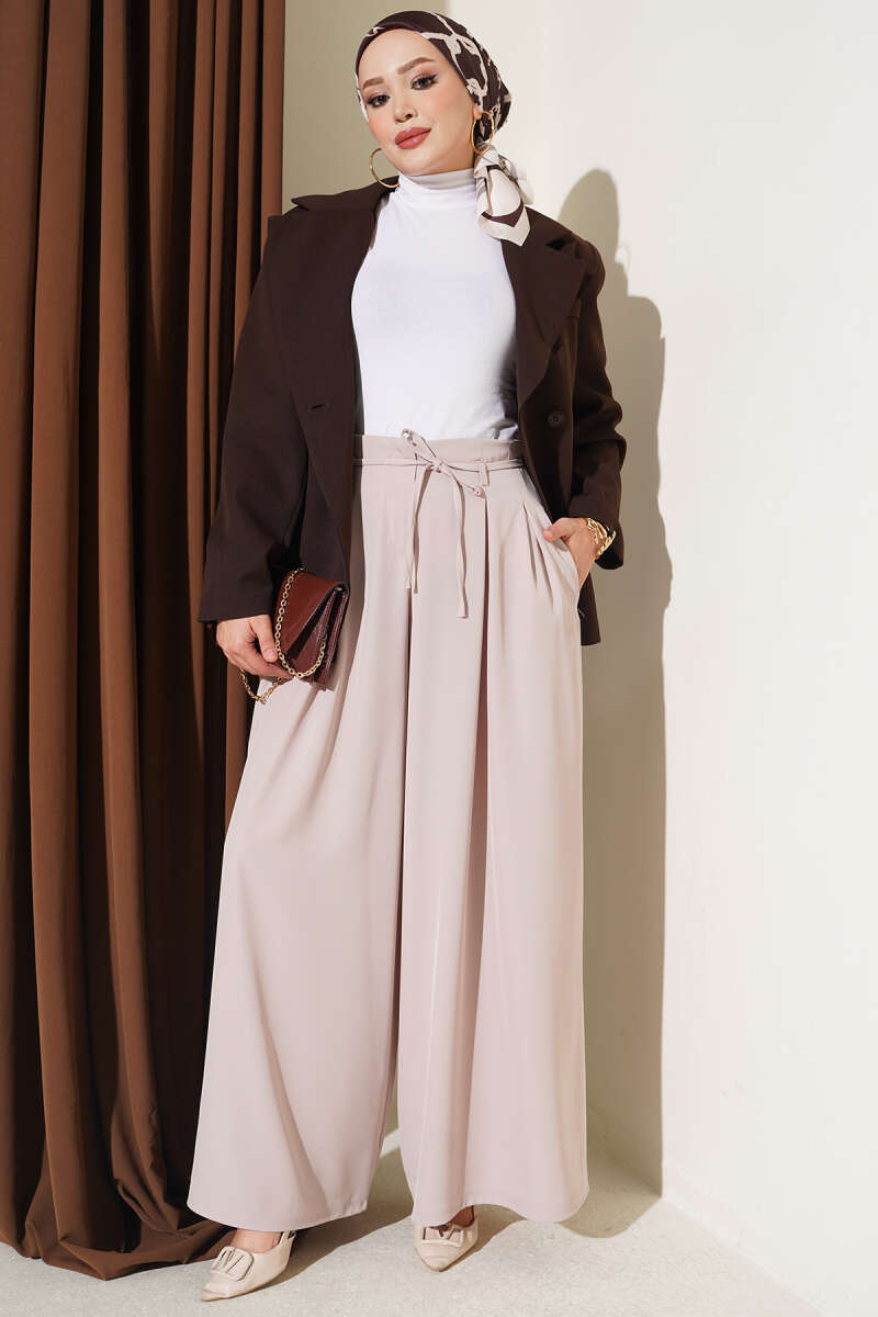 French Terry Jogger Pants with Pile Detail and Drawstring Beige - الصورة 2