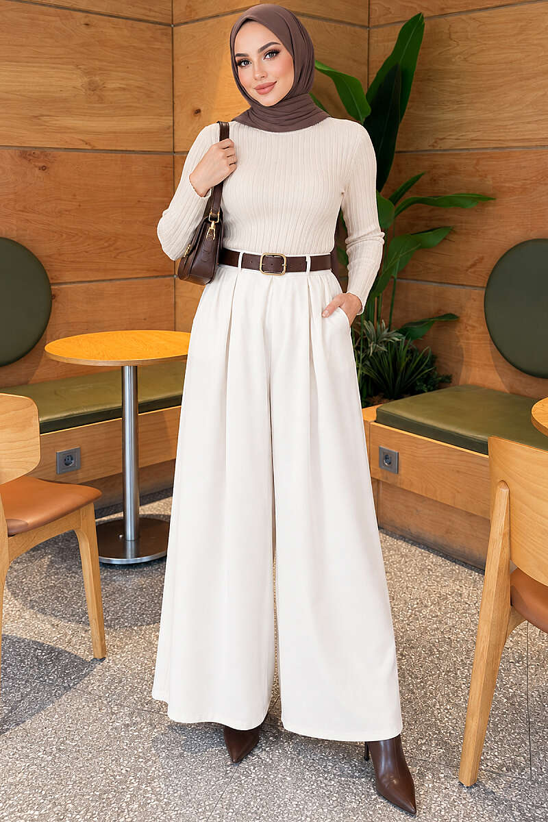 Loose-fit French terry pants with pile detailing and a belt Ecru – Bild 2