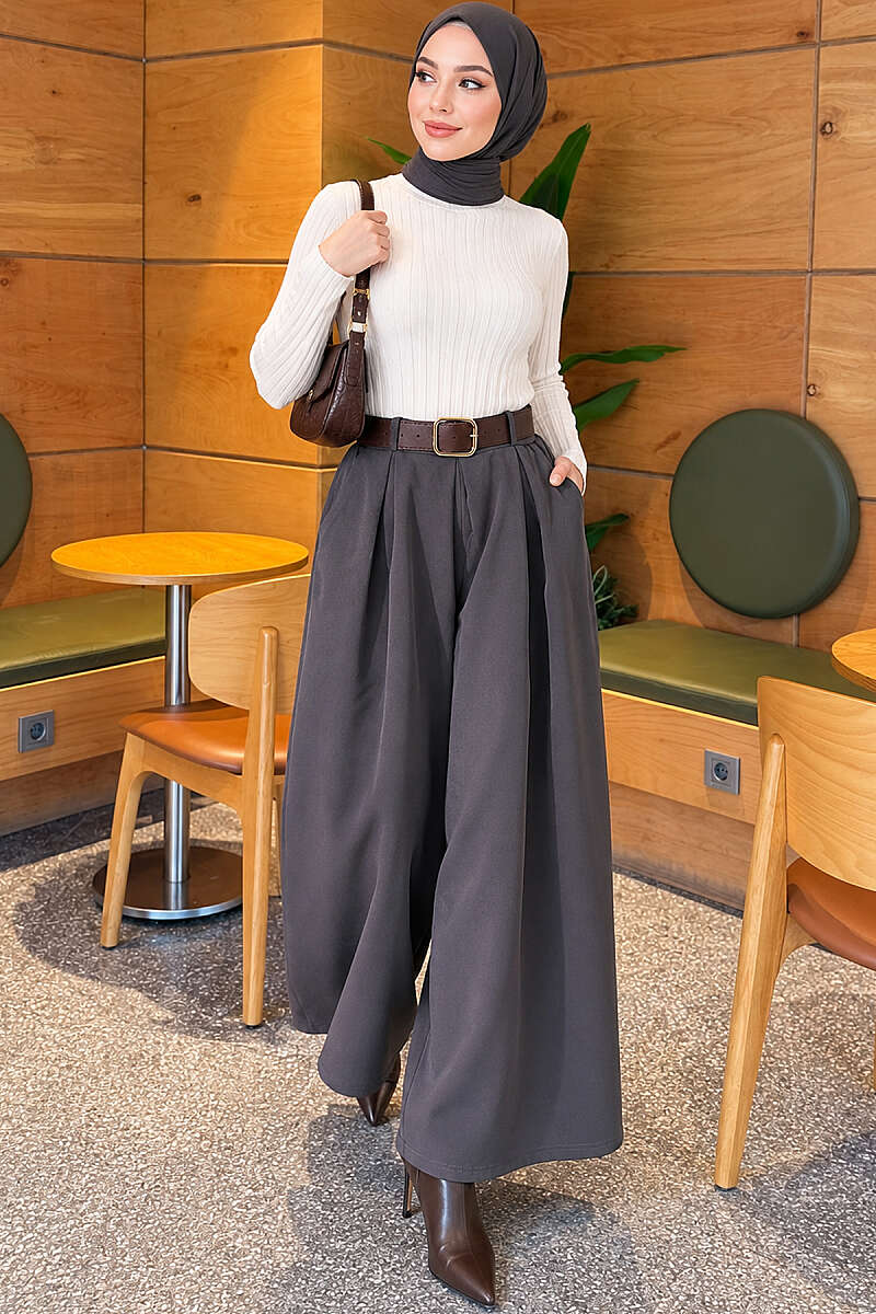 Loose-fit French terry pants with pile detailing and a belt Smoke - الصورة 2