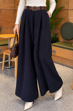 Loose-fit French terry pants with pile detailing and a belt Navy Blue
