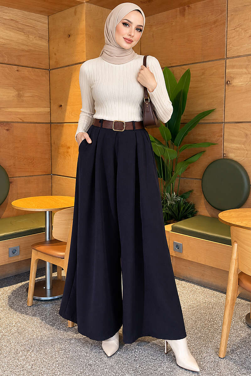 Loose-fit French terry pants with pile detailing and a belt Navy Blue - Afbeelding 2