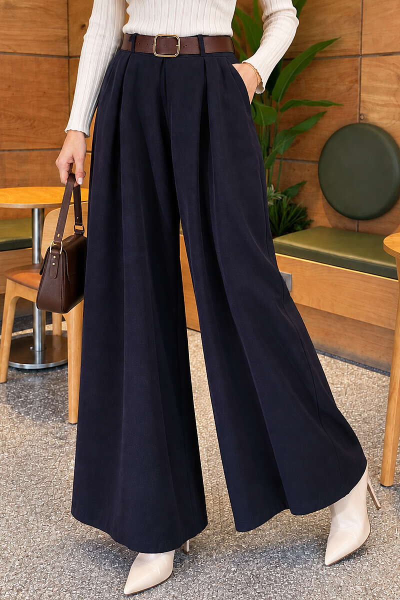 Loose-fit French terry pants with pile detailing and a belt Navy Blue - Afbeelding 3