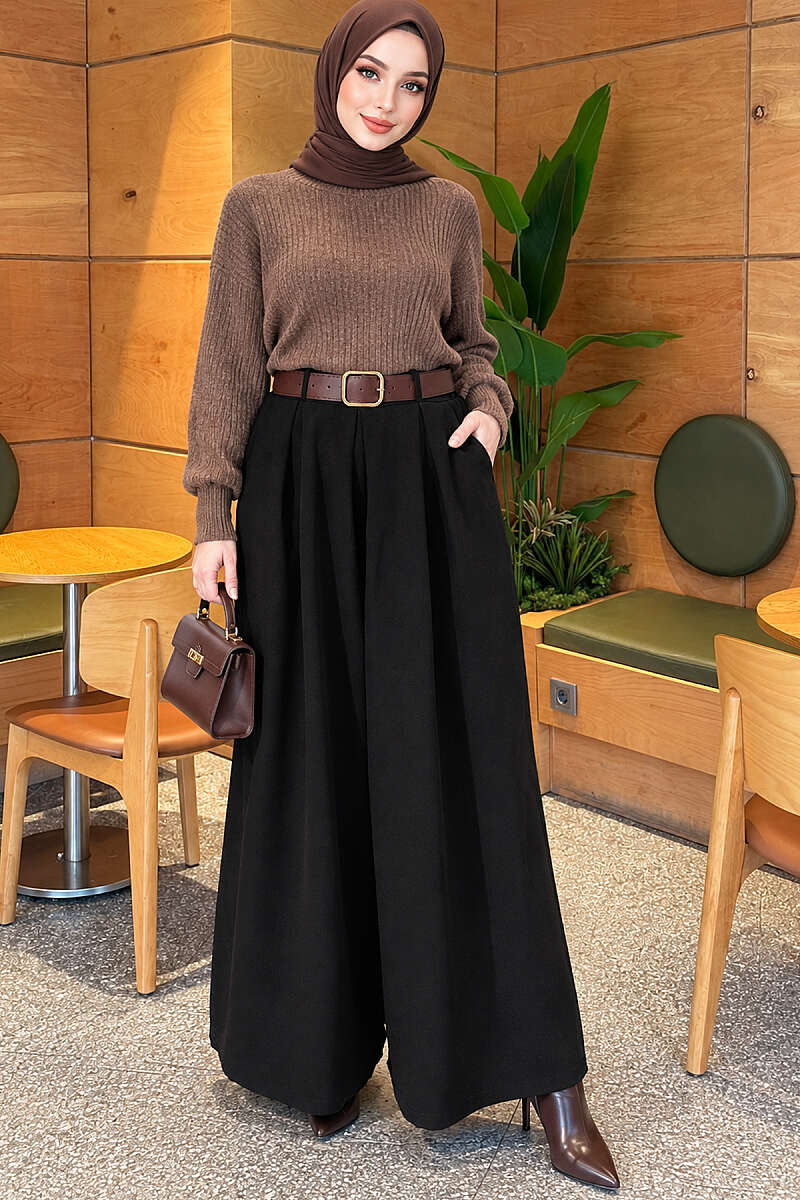 Loose-fit French terry pants with pile detailing and a belt Black - الصورة 2