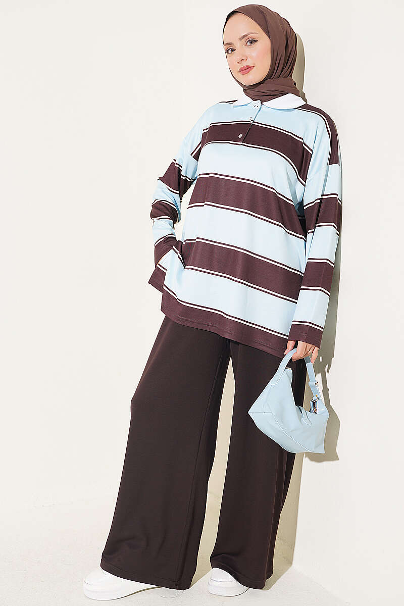 Color-block Polo Neck Two-Piece Set Baby Blue