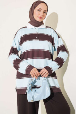 Alternative view of Color-block Polo Neck Two-Piece Set Baby Blue