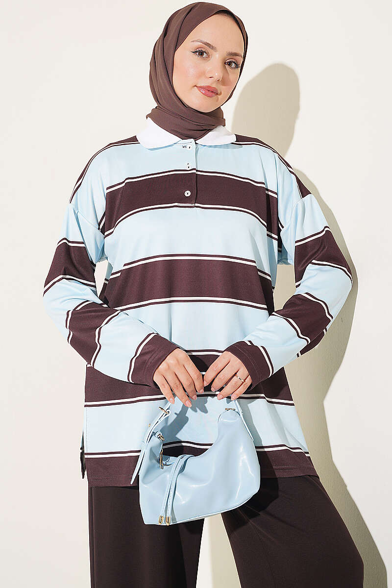 Color-block Polo Neck Two-Piece Set Baby Blue - Imagen 2