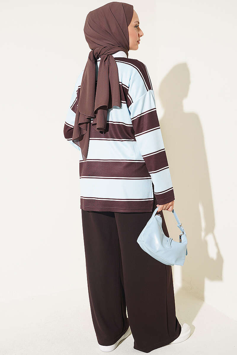 Color-block Polo Neck Two-Piece Set Baby Blue - Imagen 3