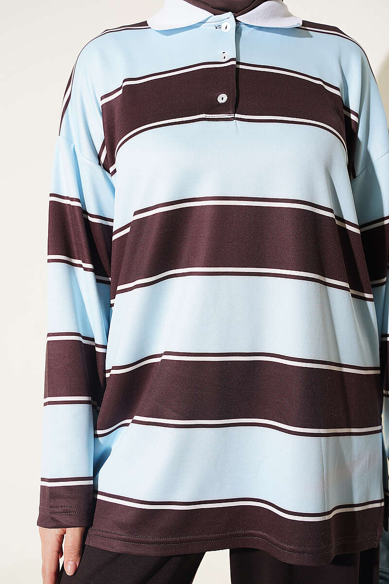 Color-block Polo Neck Two-Piece Set Baby Blue - Imagen 4