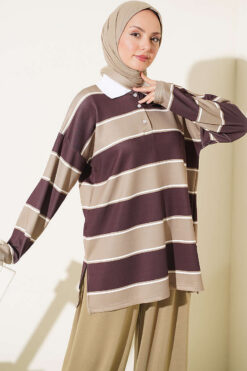 Alternative view of Color-block Polo Neck Two-Piece Set Khaki