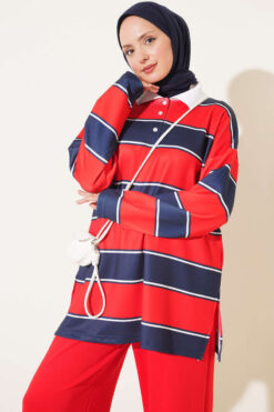 Alternative view of Color-block Polo Neck Two-Piece Set Red