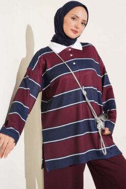 Alternative view of Color-block Polo Neck Two-Piece Set Plum