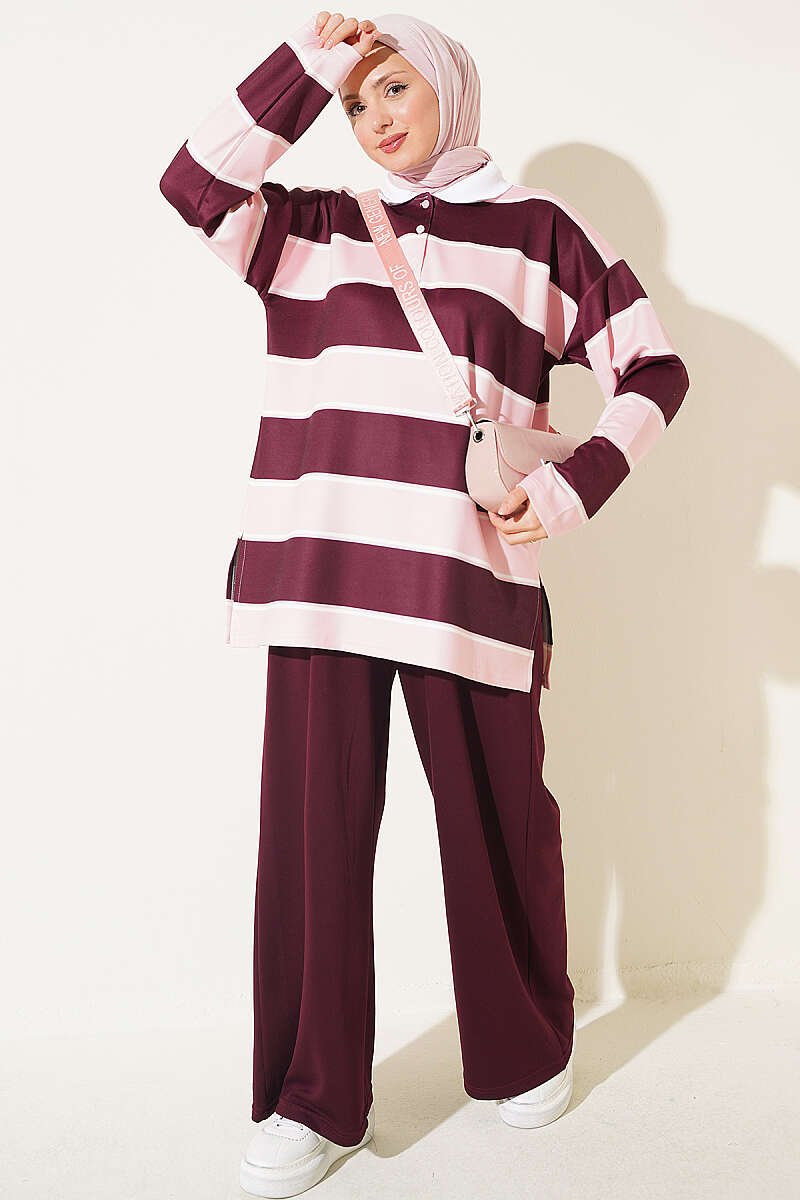 Color-block Polo Neck Two-Piece Set Pink
