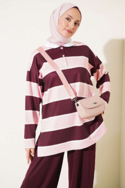 Alternative view of Color-block Polo Neck Two-Piece Set Pink