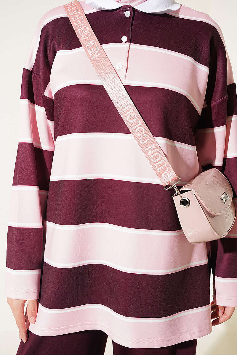 Color-block Polo Neck Two-Piece Set Pink - immagine 4