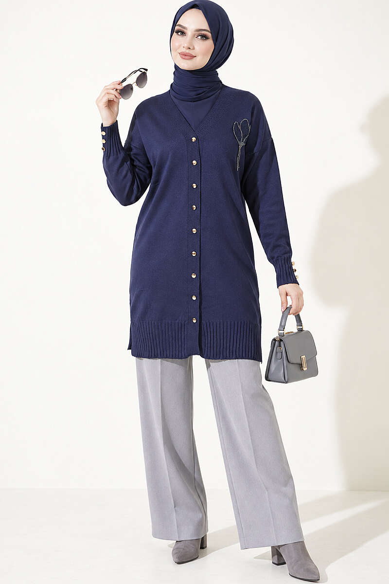 Polyelit Embroidered French Terry Cardigan Navy Blue - الصورة 4