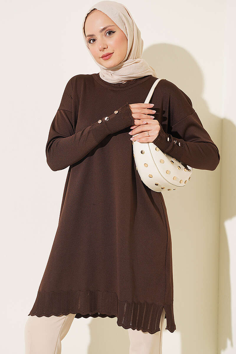 Polyester Knit Tunic with Stand Collar Detail Brown - Imagen 5