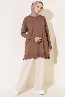 Alternative view of Polyester Knit Tunic with Stand Collar Detail Brown
