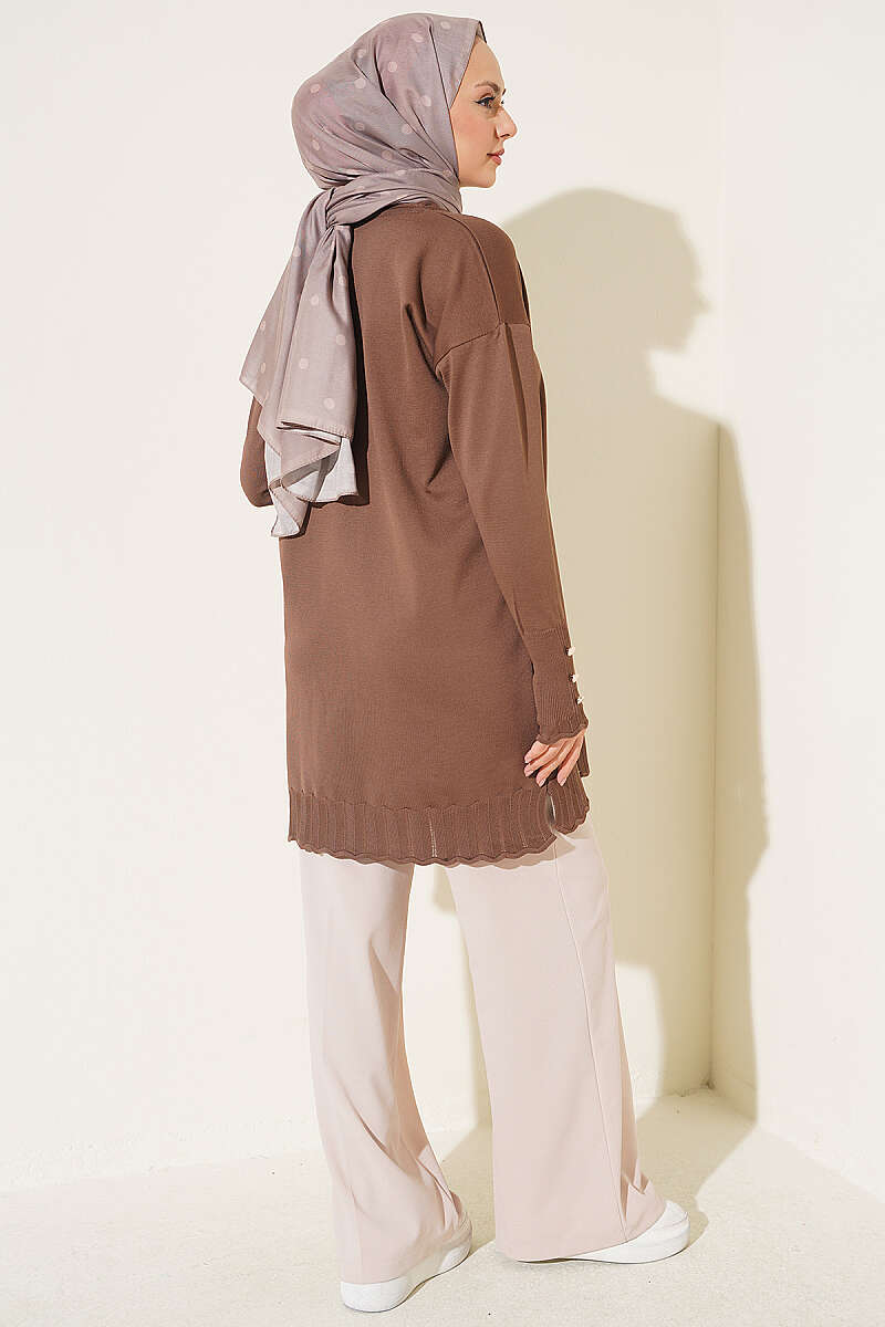 Polyester Knit Tunic with Stand Collar Detail Brown - Imagen 3