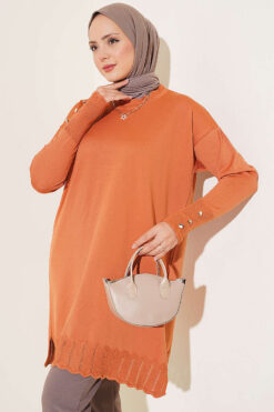 Polyester Knit Tunic with Stand Collar Detail Orange