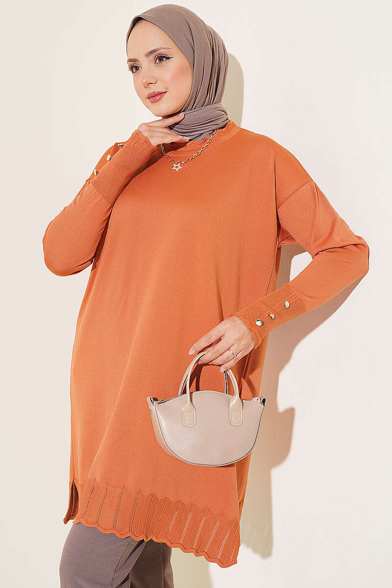Polyester Knit Tunic with Stand Collar Detail Orange