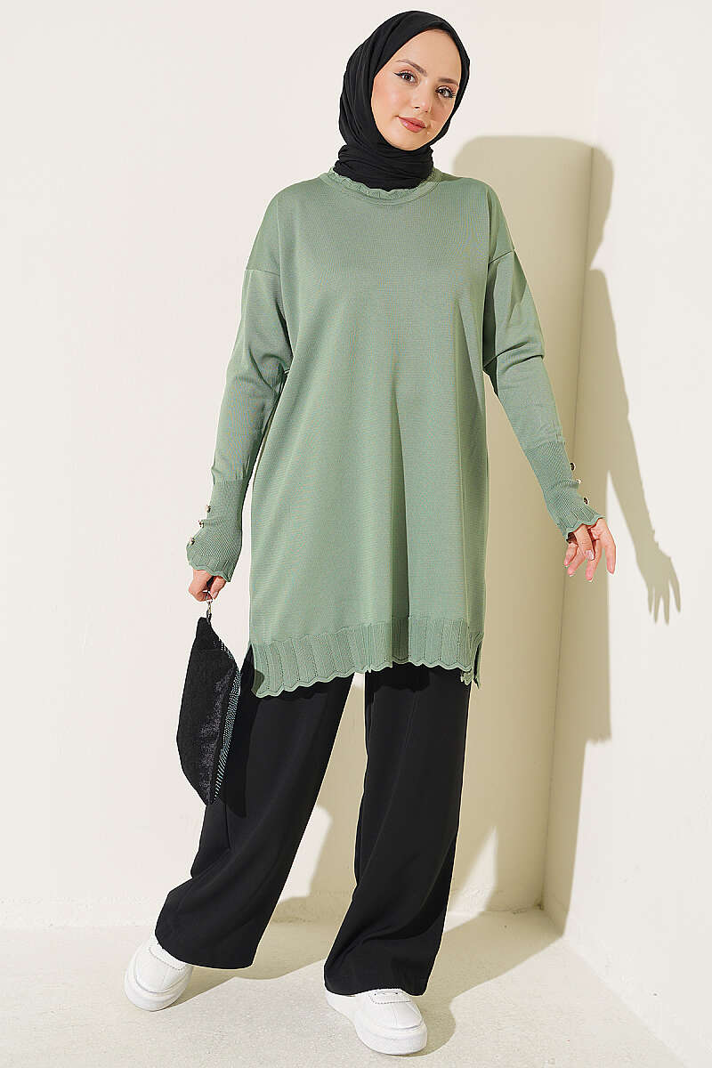 Polyester Knit Tunic with Stand Collar Detail Green - Image 2