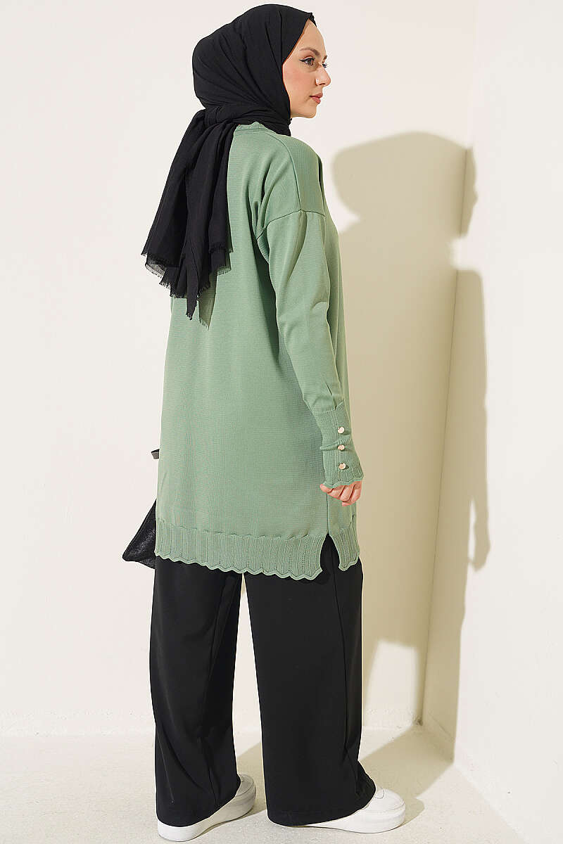 Polyester Knit Tunic with Stand Collar Detail Green - Image 3