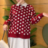 Polka Dot Buttoned Knit Tunic Burgundy