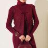 ⁦Ribbed Detail Tie-Front French Terry Knit Dress Burgundy⁩ - الصورة ⁦2⁩