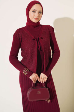 Alternative view of Ribbed Detail Tie-Front French Terry Knit Dress Burgundy