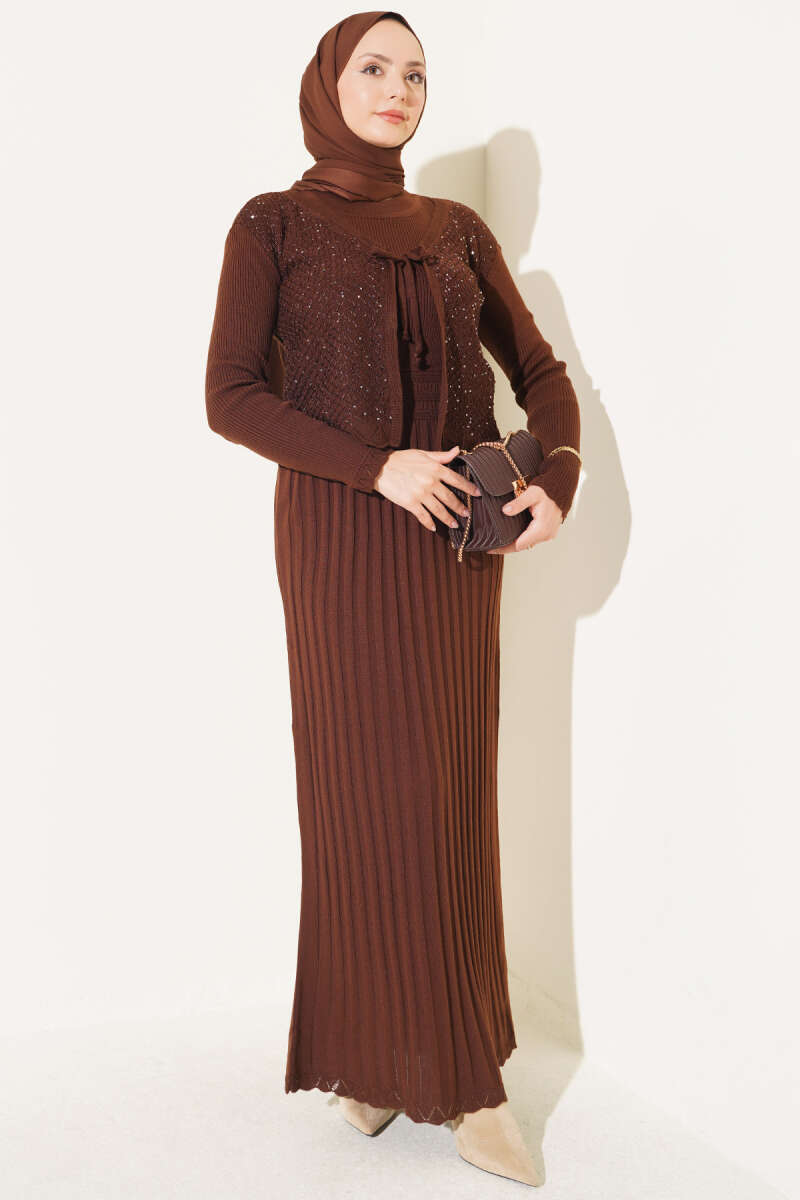 Ribbed Detail Tie-Front French Terry Knit Dress Brown