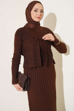 Alternative view of Ribbed Detail Tie-Front French Terry Knit Dress Brown