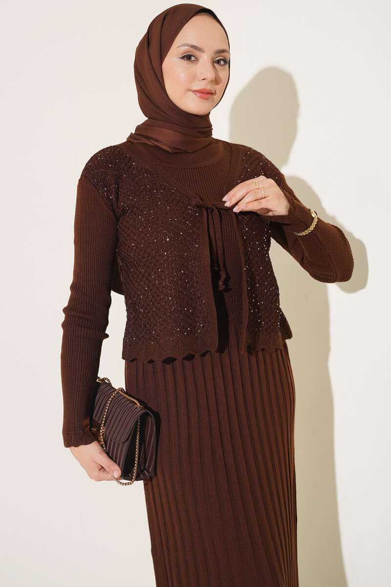 Ribbed Detail Tie-Front French Terry Knit Dress Brown – Bild 2