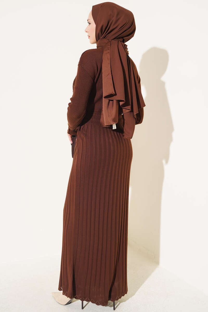 Ribbed Detail Tie-Front French Terry Knit Dress Brown – Bild 3