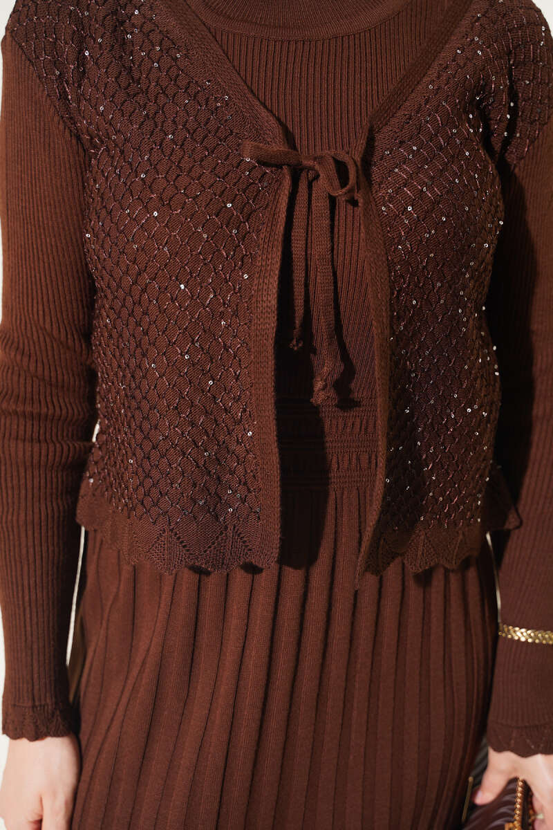 Ribbed Detail Tie-Front French Terry Knit Dress Brown – Bild 4