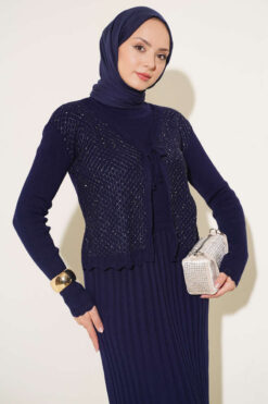 Alternative view of Ribbed Detail Tie-Front French Terry Knit Dress Navy Blue