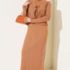Ribbed Detail Tie-Front French Terry Knit Dress Latte