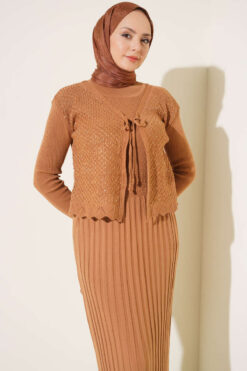 Alternative view of Ribbed Detail Tie-Front French Terry Knit Dress Latte
