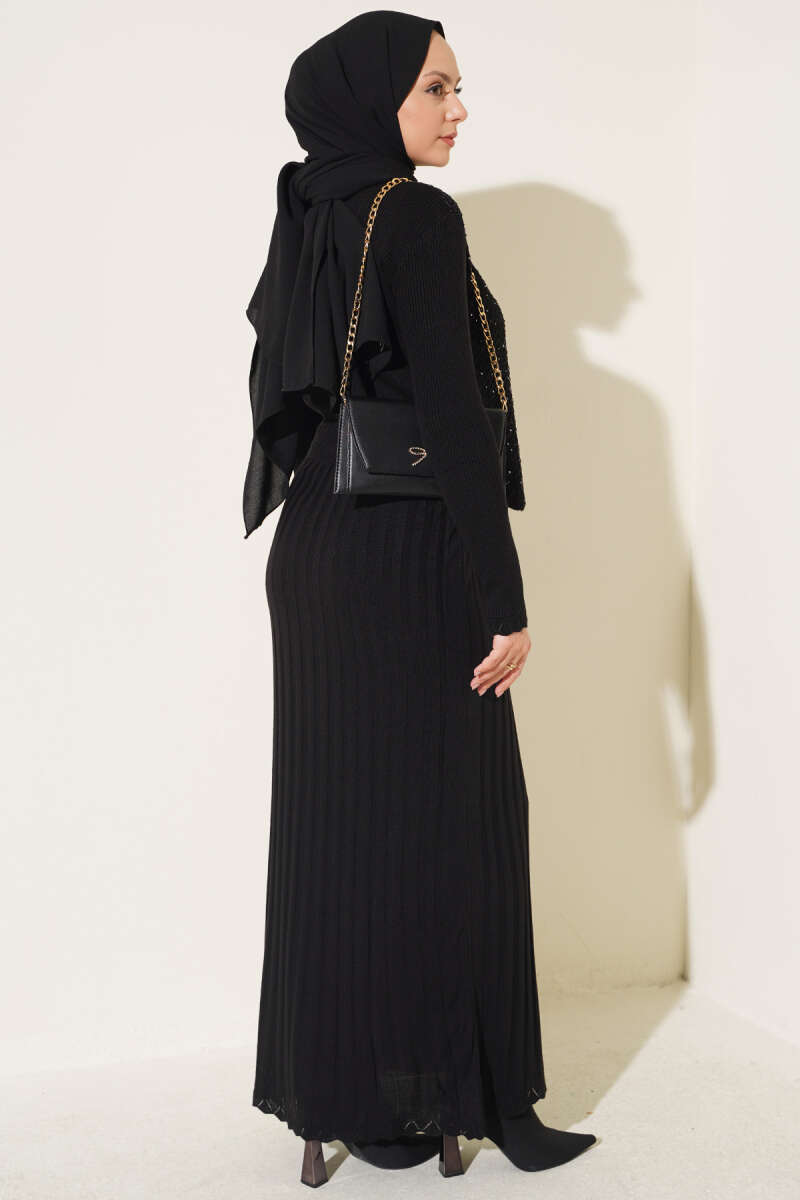 Ribbed Detail Tie-Front French Terry Knit Dress Black - Imagen 3