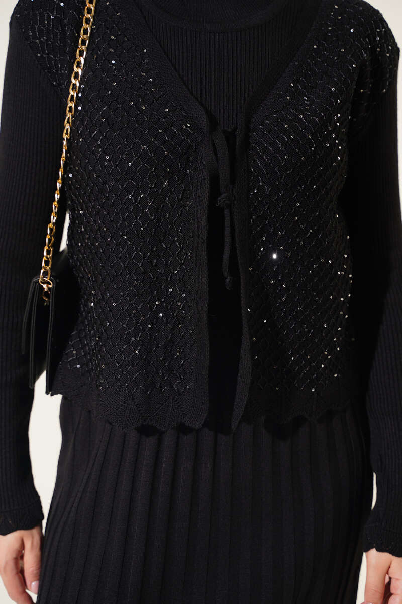 Ribbed Detail Tie-Front French Terry Knit Dress Black - Imagen 4