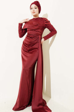 Alternative view of Sequined Detail Train Evening Dress Burgundy