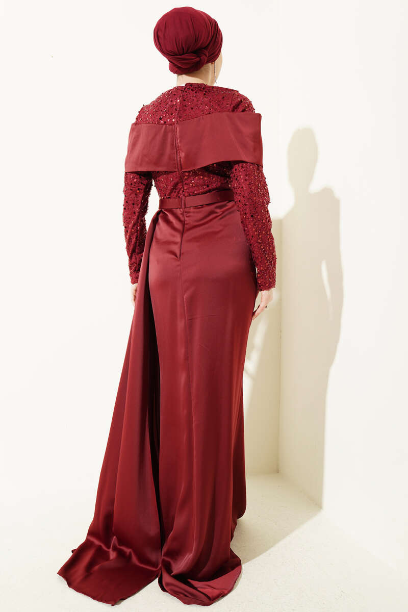 Sequined Detail Train Evening Dress Burgundy – Bild 3